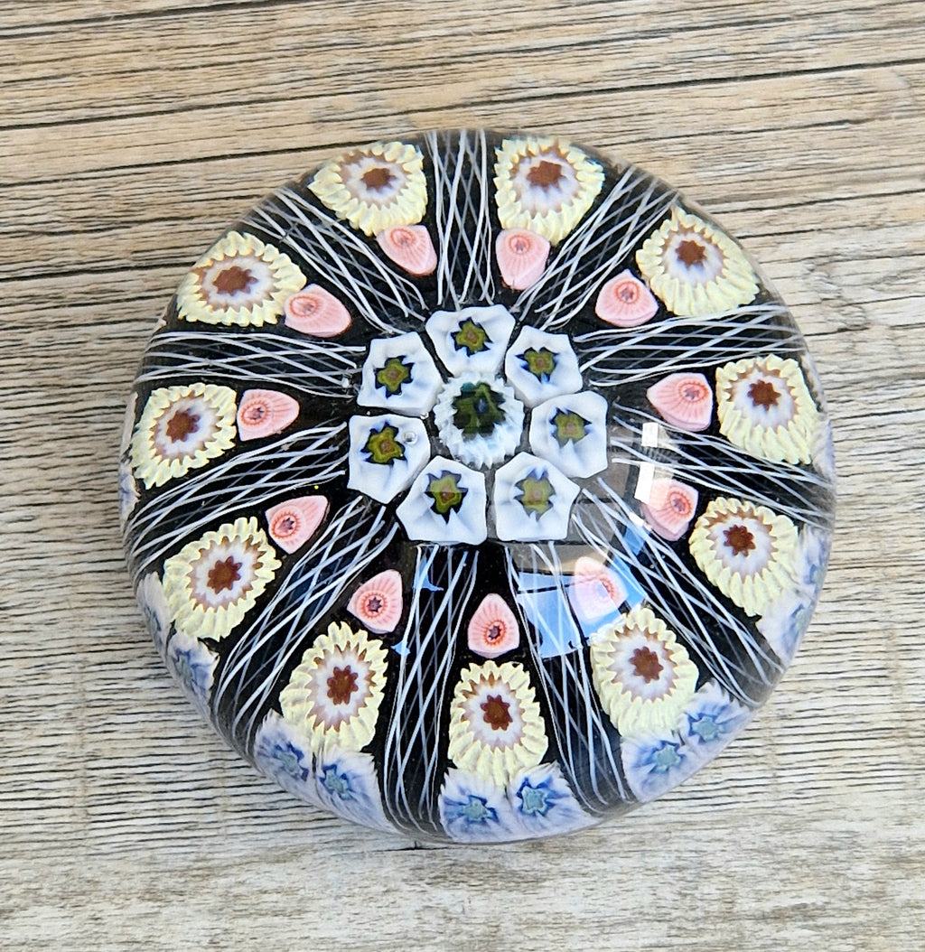 Strathearn Art Glass Paperweight 11 Spoke Millefiori with Filligree on Purple Ground Vintage