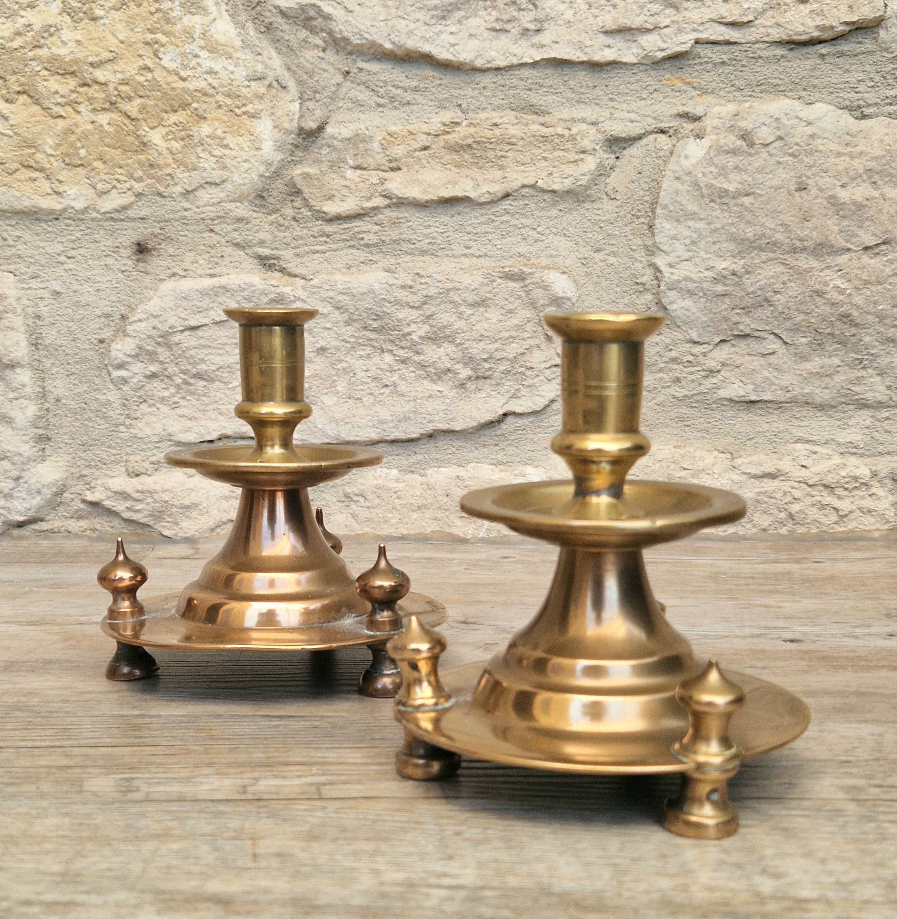 Pair of 19th Century Judin Signed Czarist Era Russian Bronzed Sabbath Bun Footed Capstan Candle Holders.