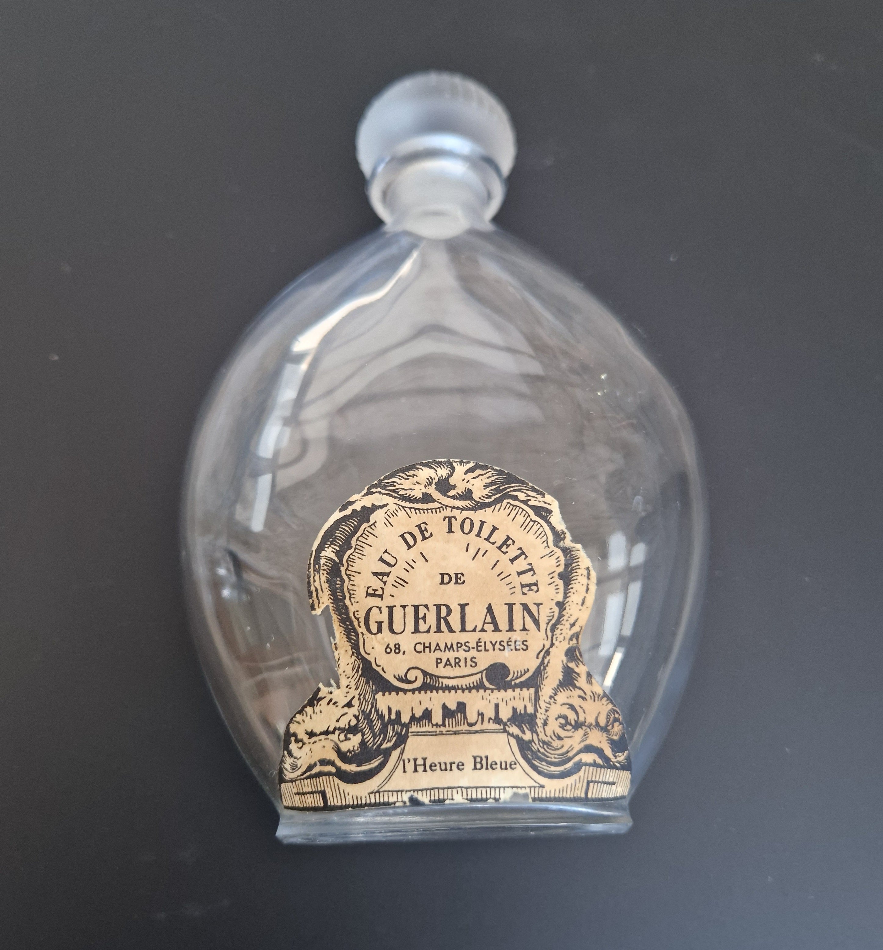 Guerlain Glass Perfume Bottle Dolphin Paper Label Frosted Stopper L'Heure Bleue 'Flacon Goutte' Empty 16.5cm