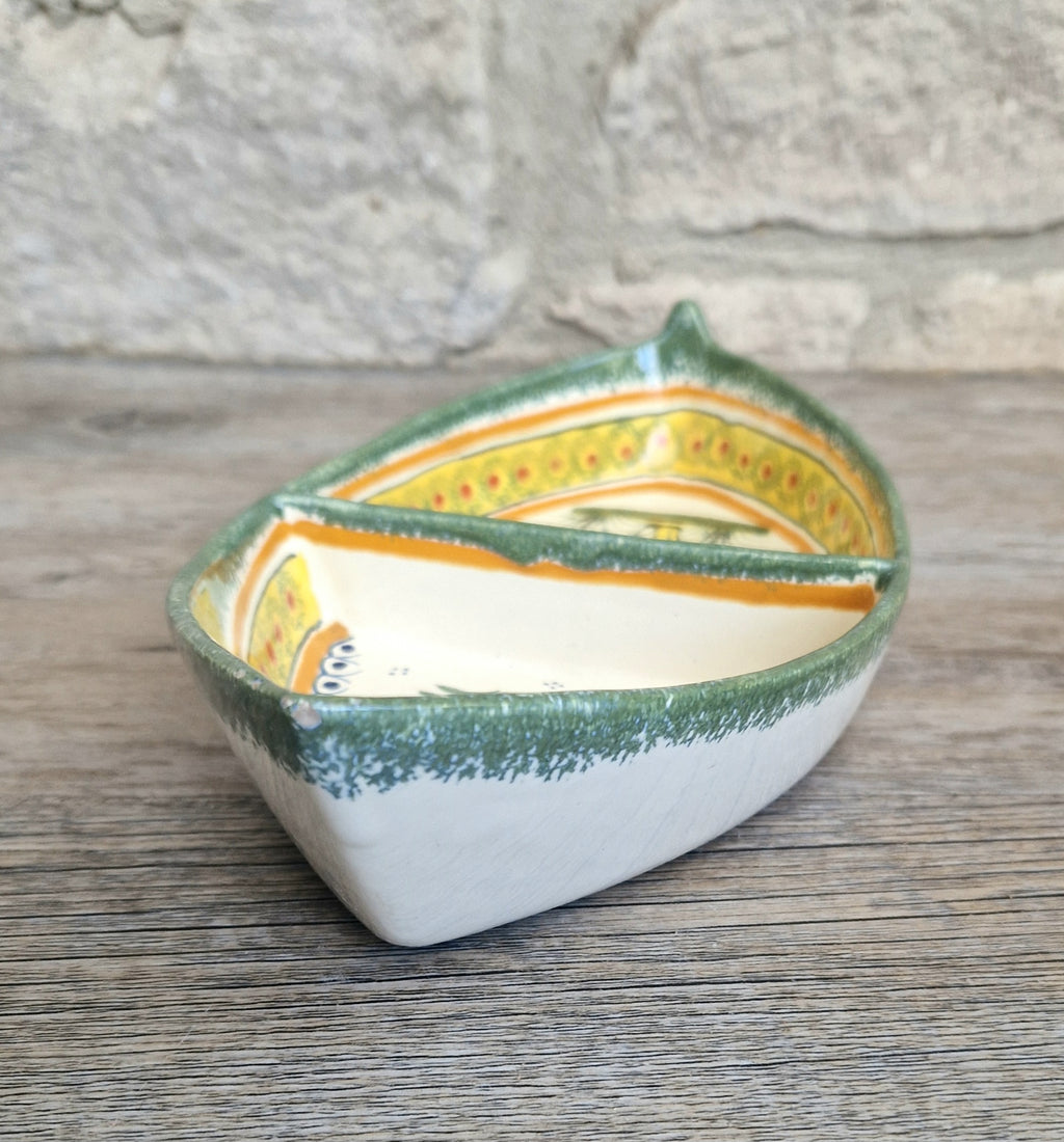 Vintage Henriot Quimper Faience Ceramic Boat Shape Divided Serving Dish