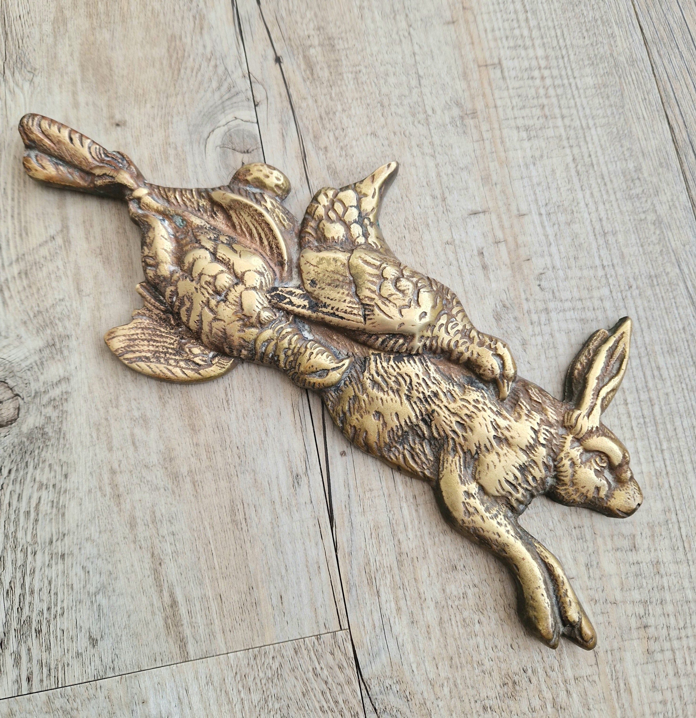 Victorian Cast Brass Wall Game Hanger Hare & Brace Of Partridge Kitchenalia