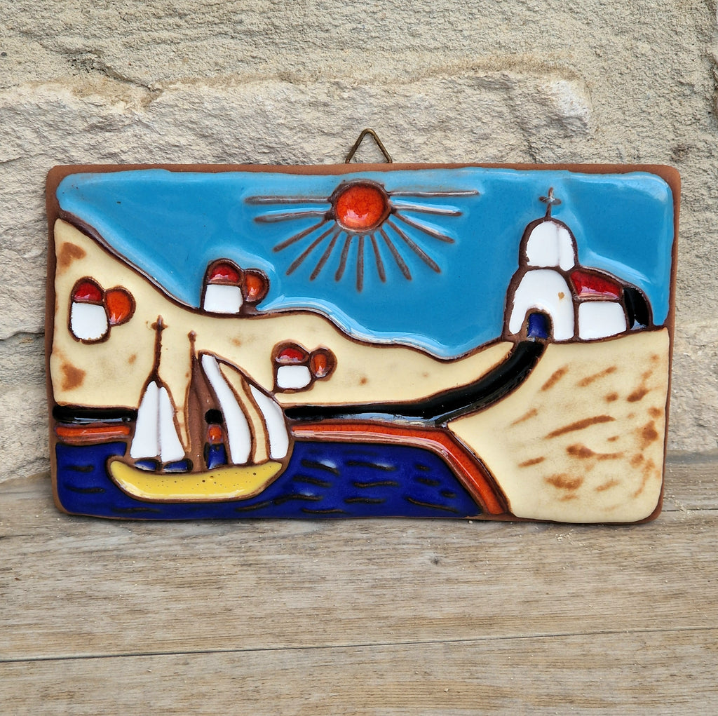 Vintage Dedallos Co Greek Ceramic Wall Plaque Handmade Mediterranean Souvenir Tile