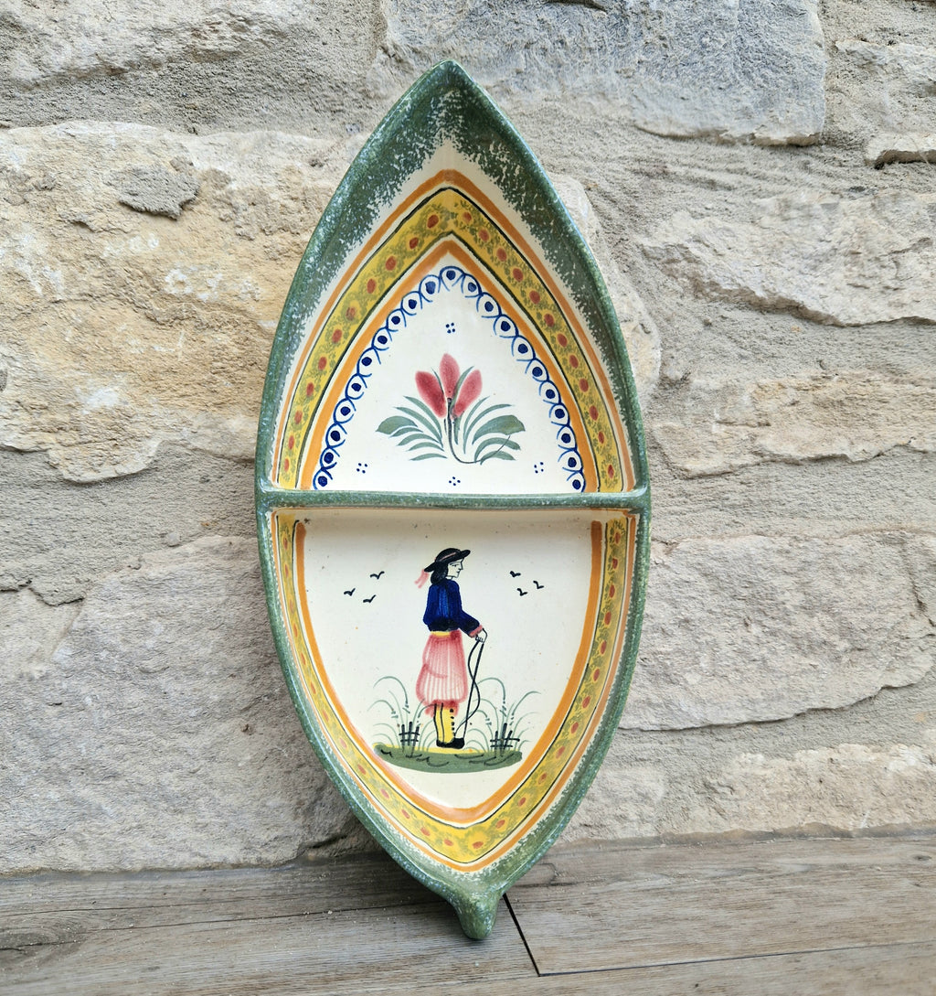 Vintage Henriot Quimper Faience Ceramic Boat Shape Divided Serving Dish