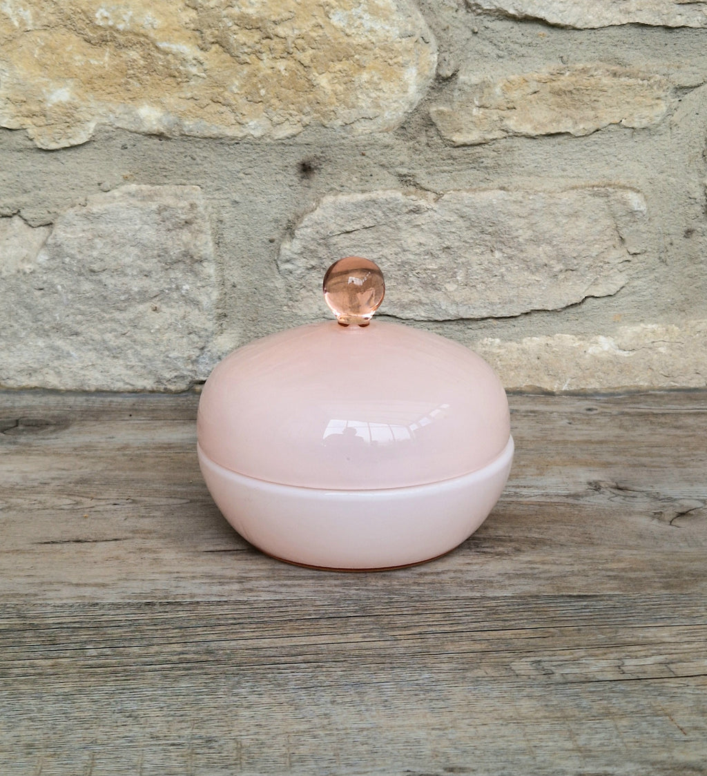 Vintage Large Opaline Pink Glass Lidded Powder Box Trinket Dish Art Deco Decor