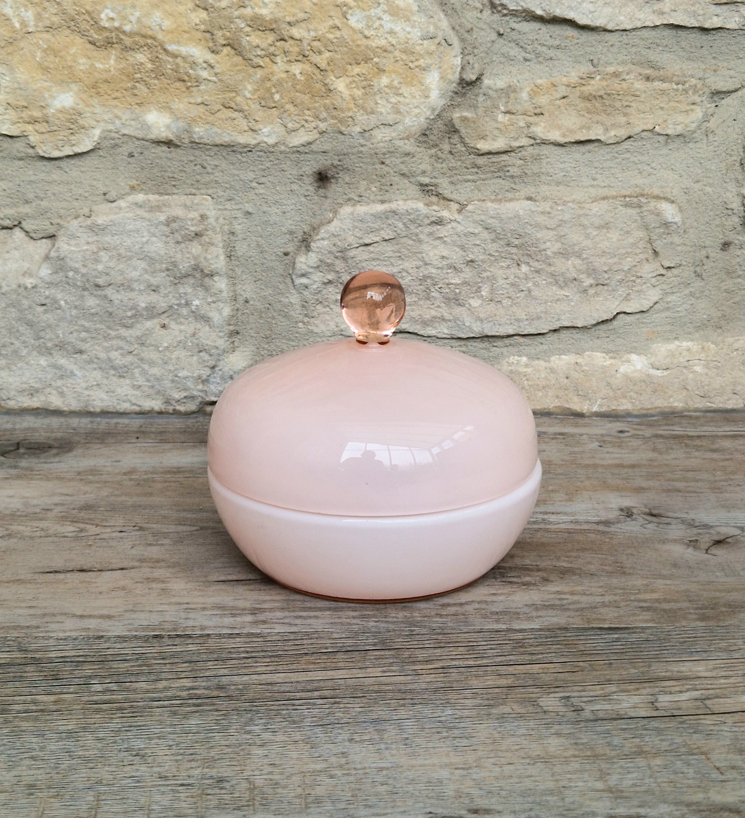 Vintage Large Opaline Pink Glass Lidded Powder Box Trinket Dish Art Deco Decor