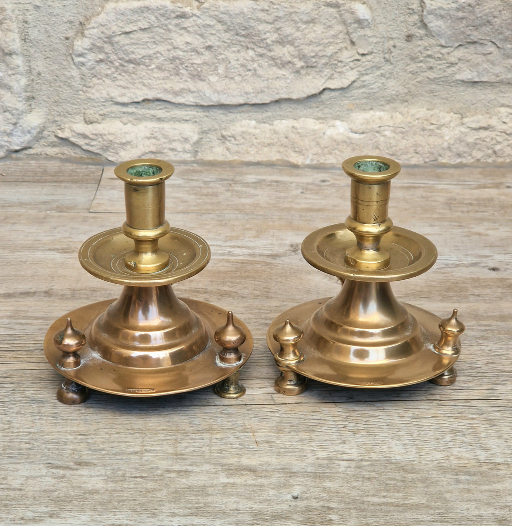 Pair of 19th Century Judin Signed Czarist Era Russian Bronzed Sabbath Bun Footed Capstan Candle Holders.