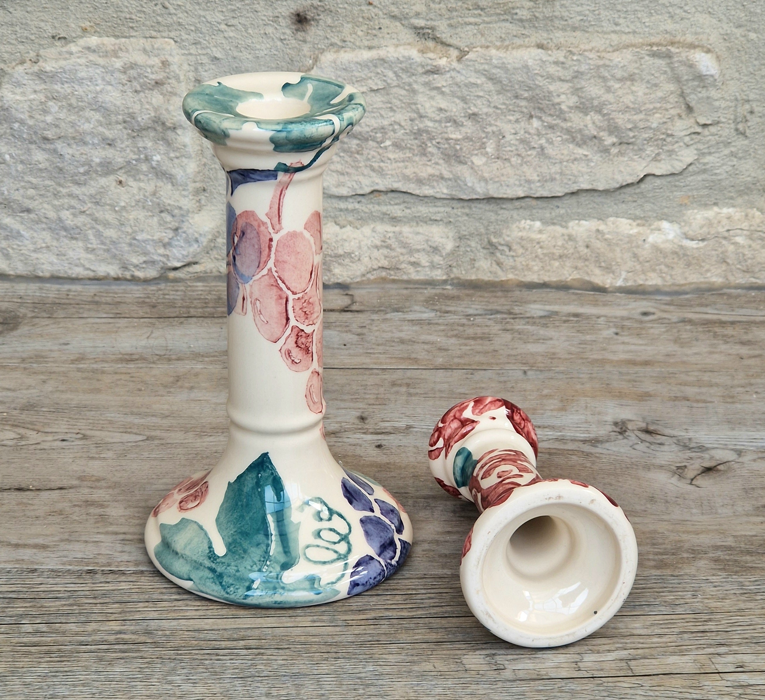 2 x Emma Bridgewater Spongeware Grapes & Roses Candle Sticks Candle Holders Vintage Early