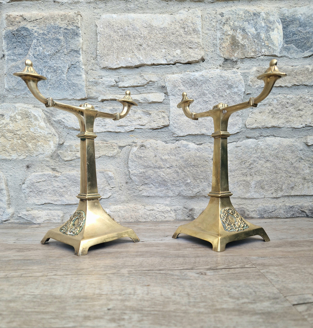 Louis XVI Revival Cast Brass Andirons Fire Dogs Wreath Relief Decoration Pair (c.1870–1900)
