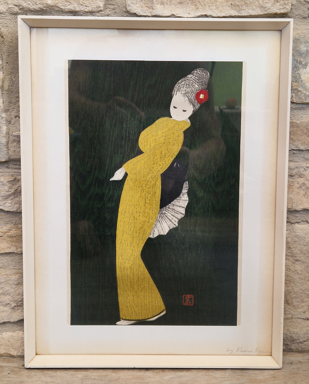 Vintage Kaoru Kawano Large Japanese Woodblock Print Camellia Yellow Kimono Mid-Century Framed