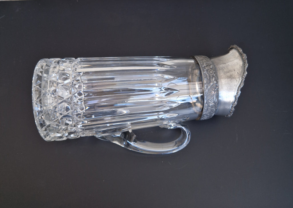 English Heavy Cut Glass & Pewter Water Pitcher Circa 1890 Antique Crystal
