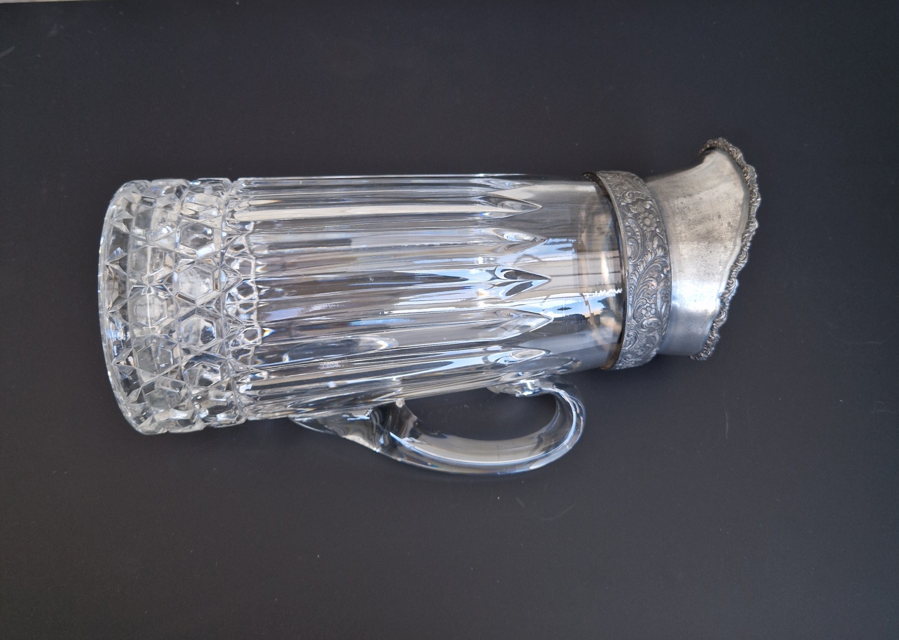 English Heavy Cut Glass & Pewter Water Pitcher Circa 1890 Antique Crystal