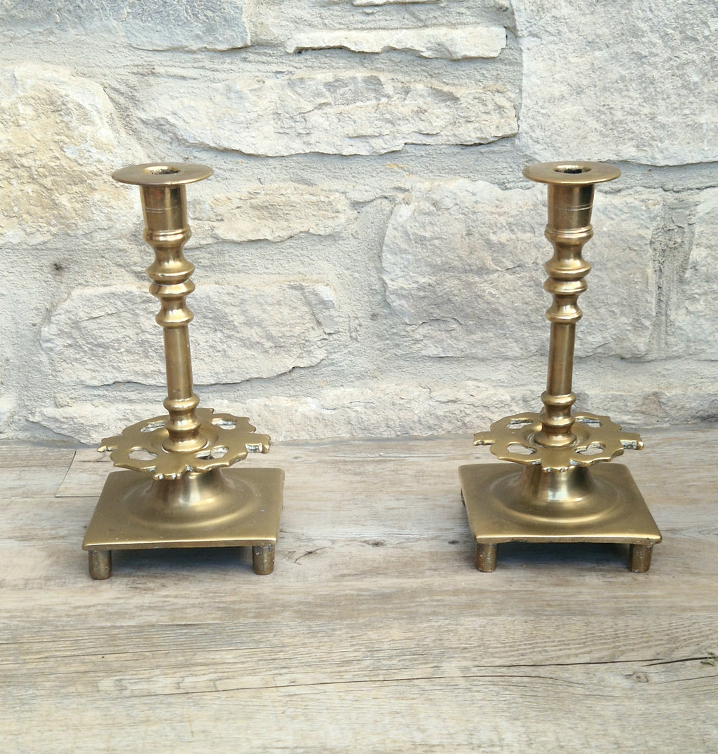 18th Century Solid Turned Brass Russian Sabbat Candle Holder Sticks Very Rare