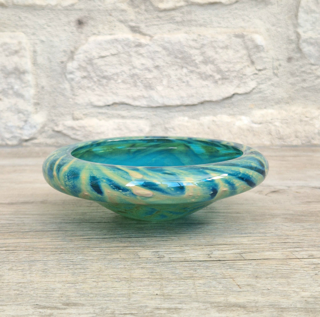 Mdina Glass Green Whirlpool Bowl Vintage 1970s Michael Harris Art Glass Malta
