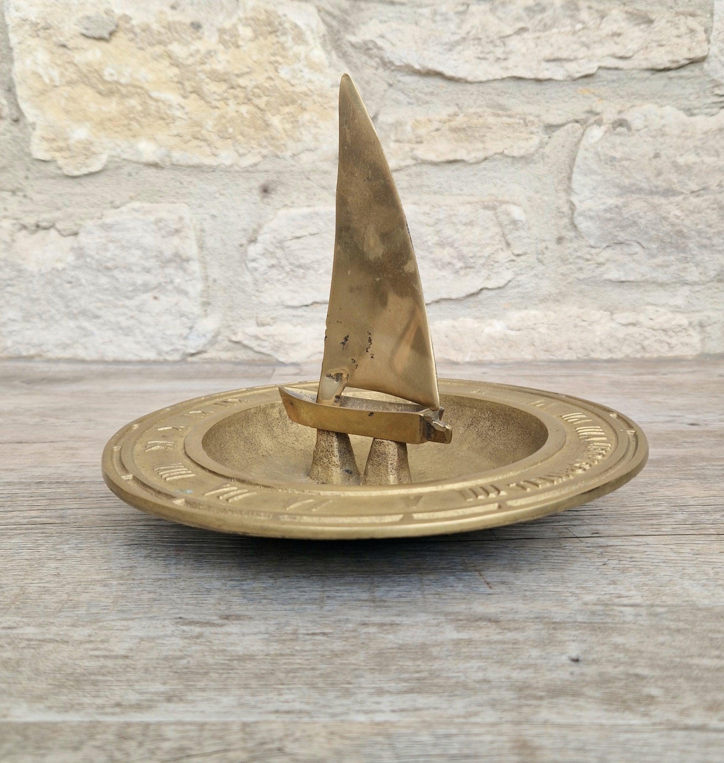 Bronze & Brass Sailing Boat Birdbath Sundial Vintage Garden Ornament