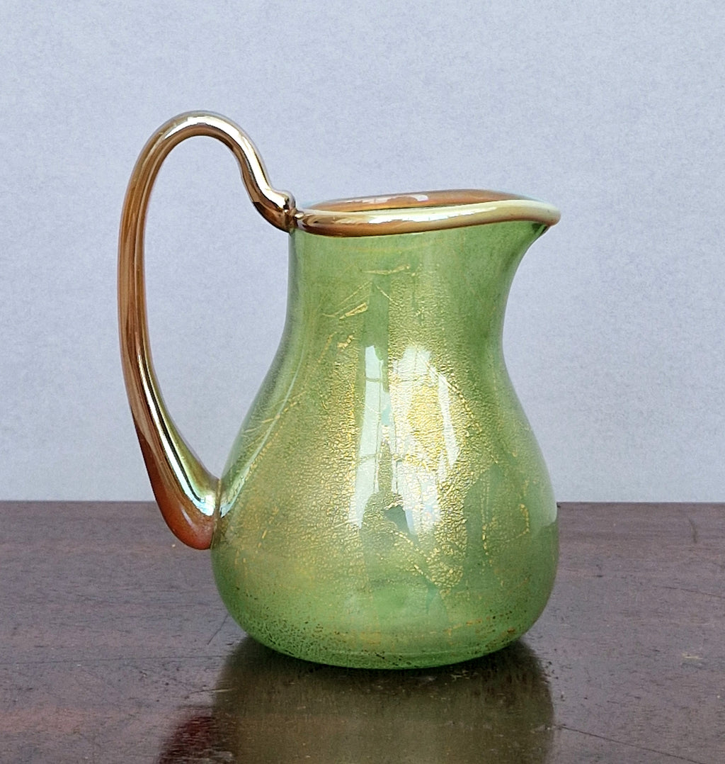 Antique Probable Salviati Dott. Murano Glass Jug, Green Gold Leaf, Venetian c.1875–1890, Handblown 13.5cm Rare