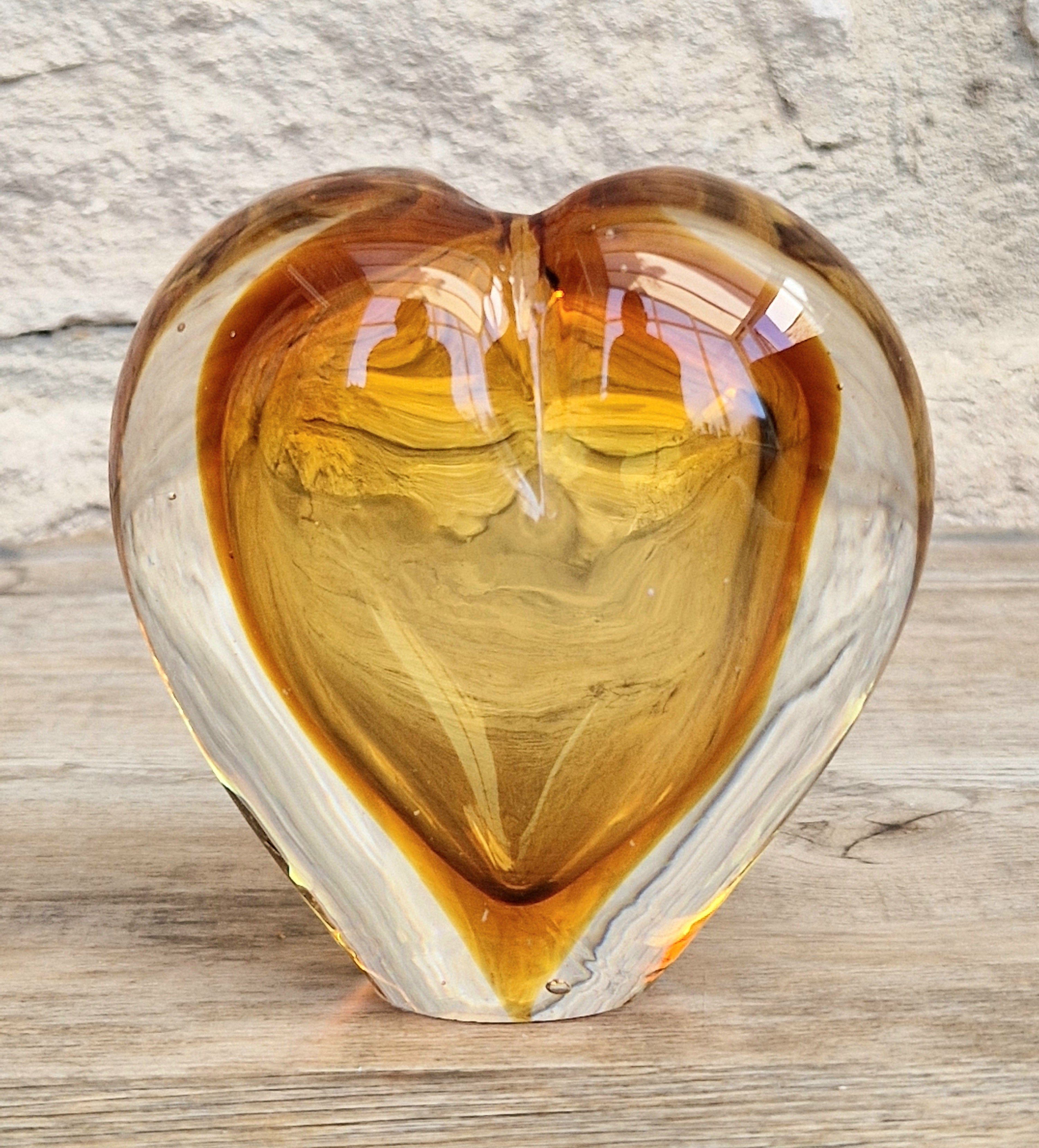 Vintage Mid Century Murano Sommerso Amber Art Glass Heart Vase Paperweight Seguso Sculptural Decor
