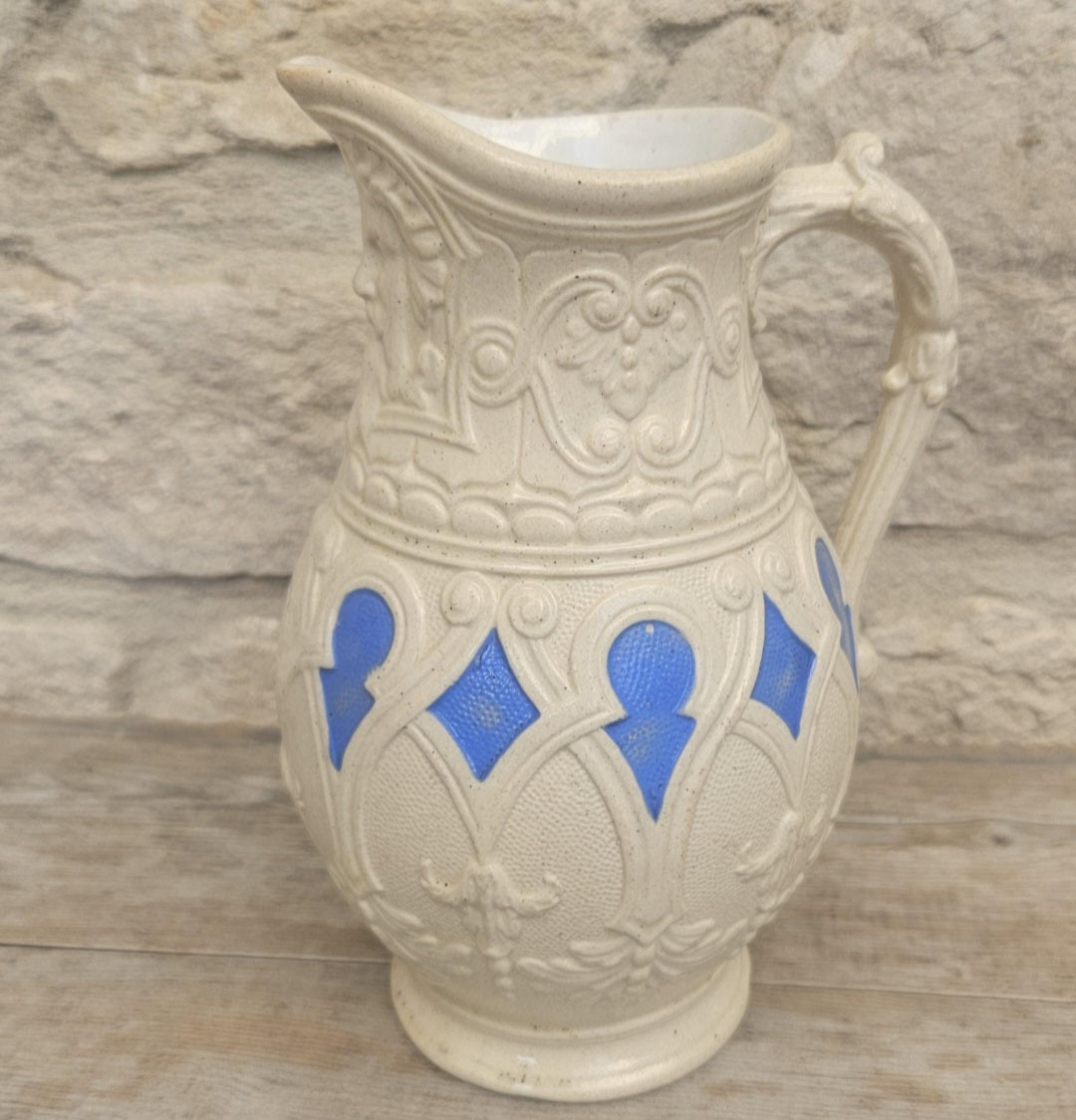Antique Victorian Parian Ware Jug Blue Cream Pitcher Decorative Aesthetic Movement Collectible Cottage Decor