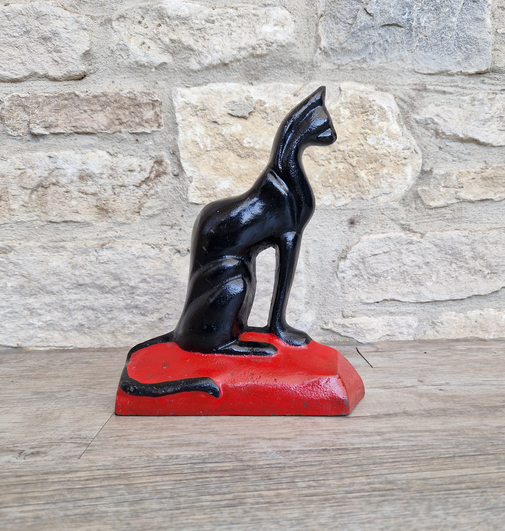 Antique Rare Cast Iron Art Deco Black Sitting Cat Doorstop