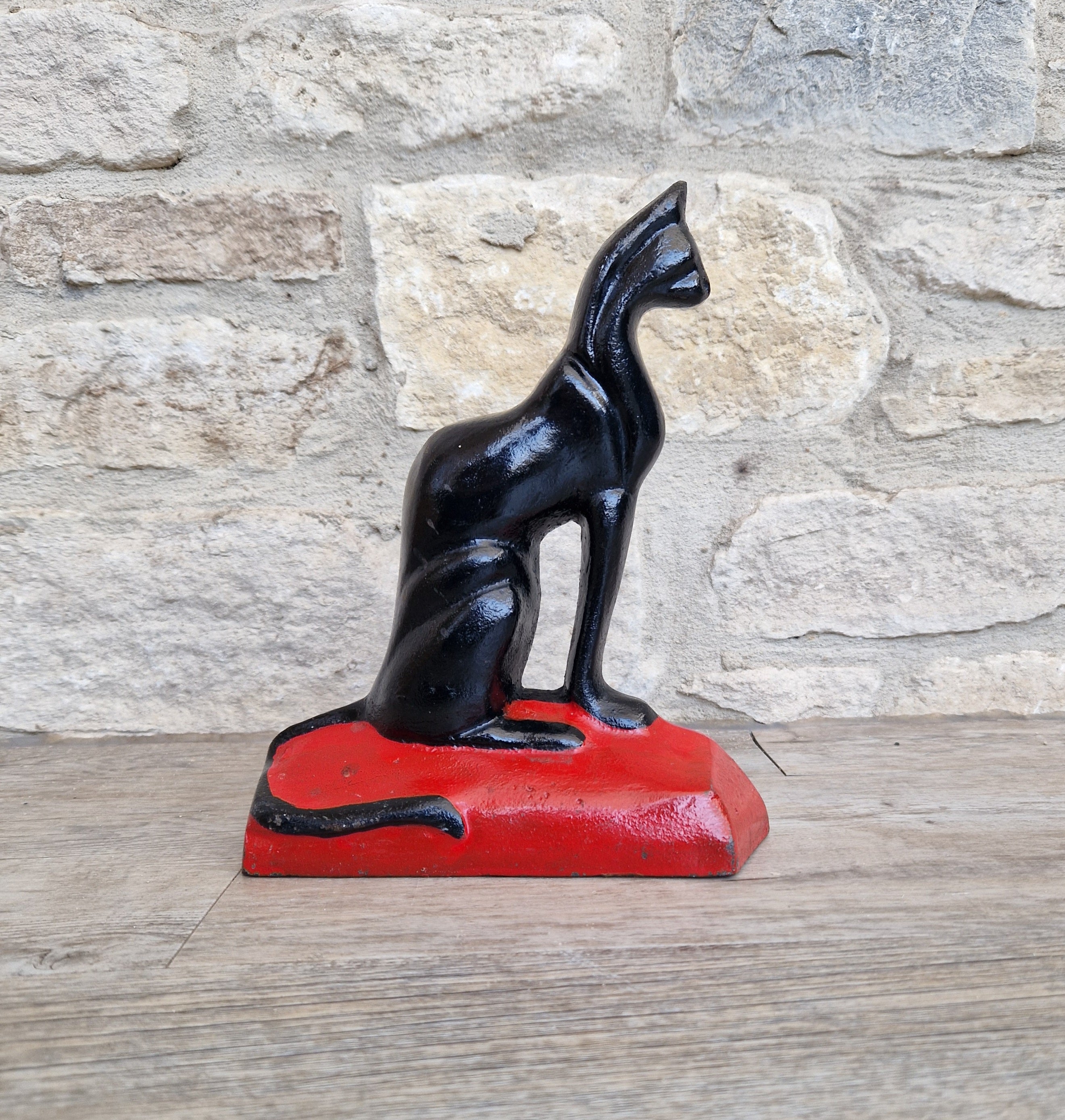 Antique Rare Cast Iron Art Deco Black Sitting Cat Doorstop