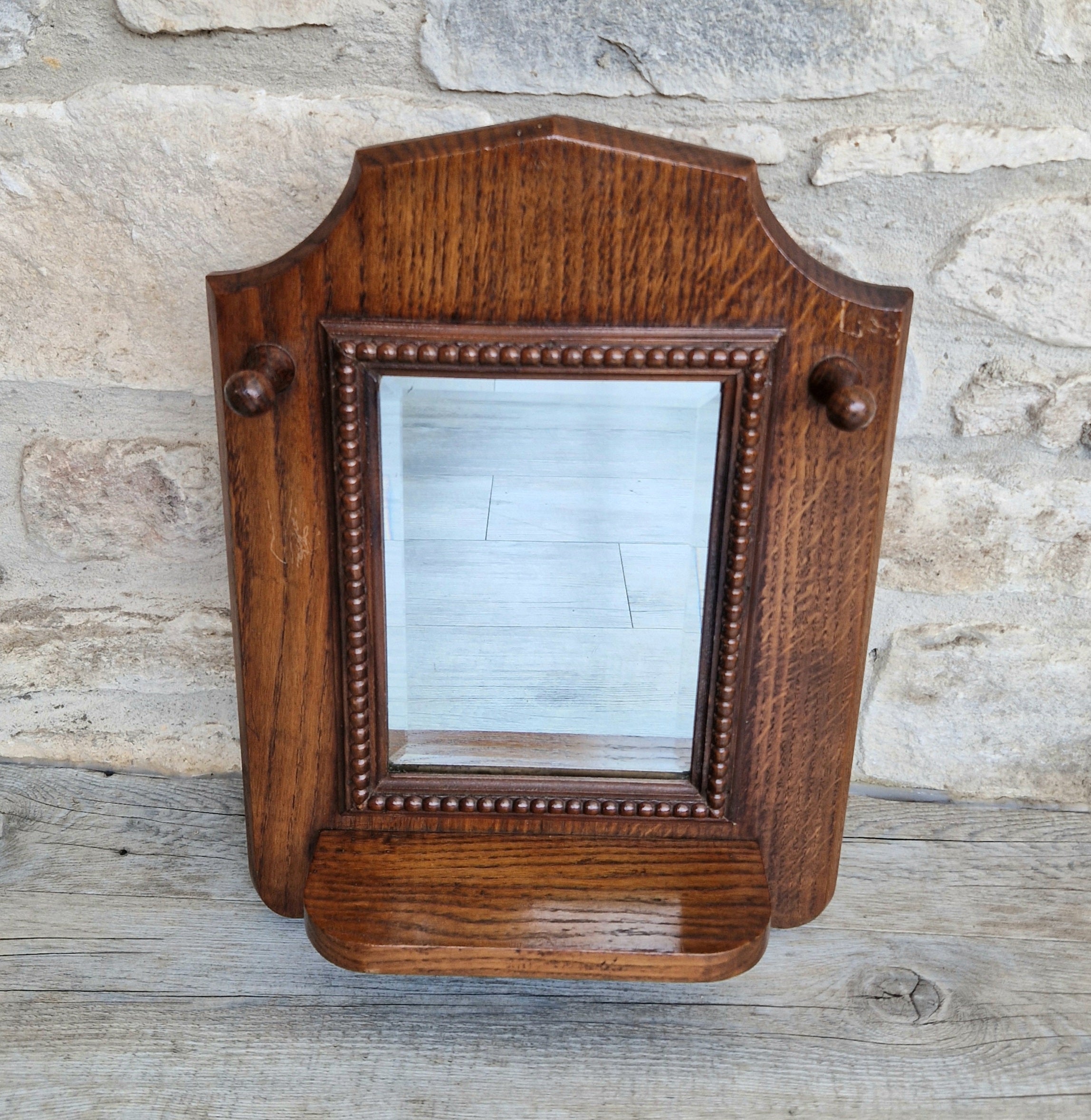 English Oak Arts & Crafts Wall Mirror Bevelled And Beaded Antique Mirror With Shelf And Hooks