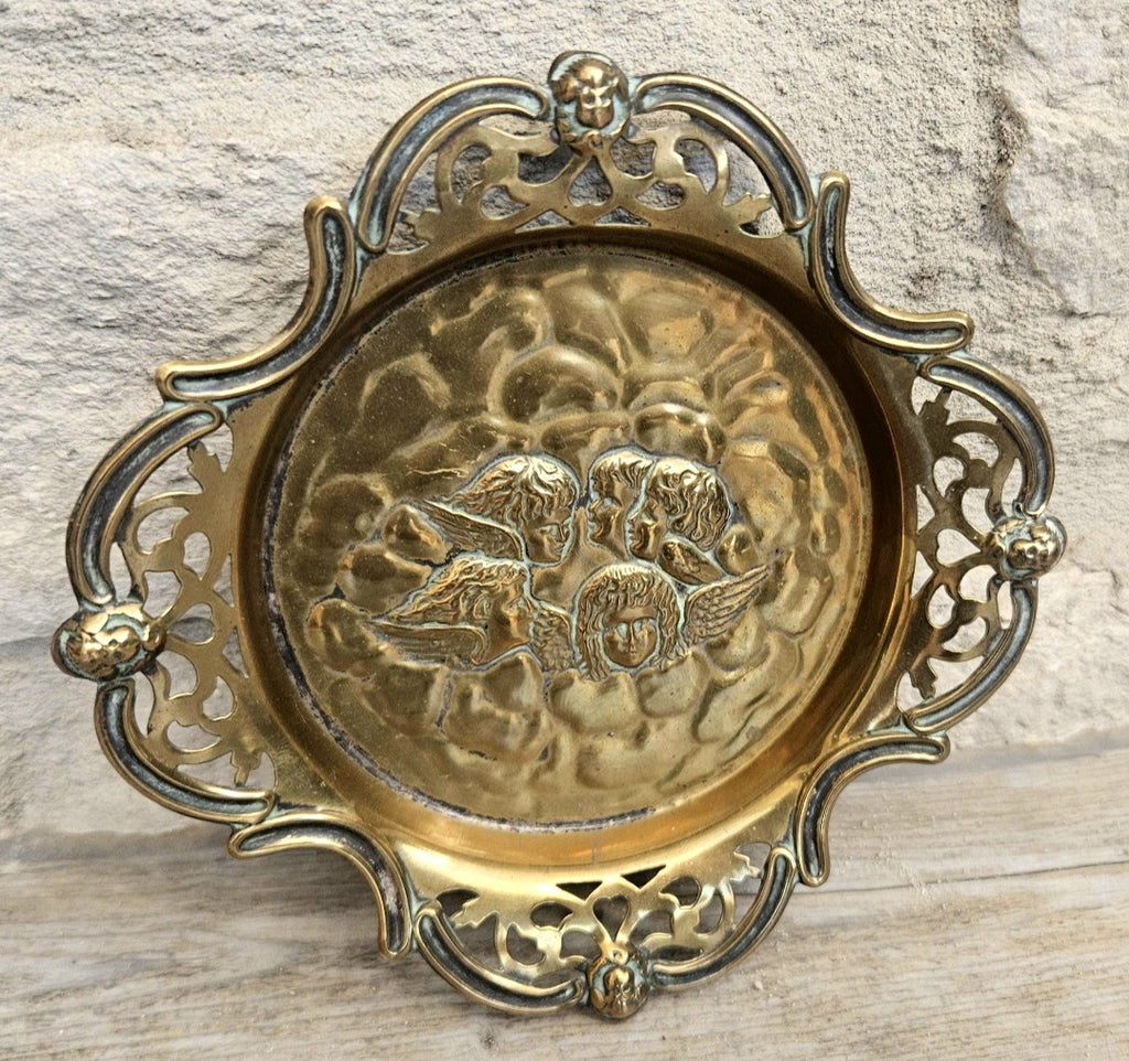 Antique Repoussé Brass Card Tray or Pin Dish "A Child's Angels" (Reynolds Angels) motif 14cm
