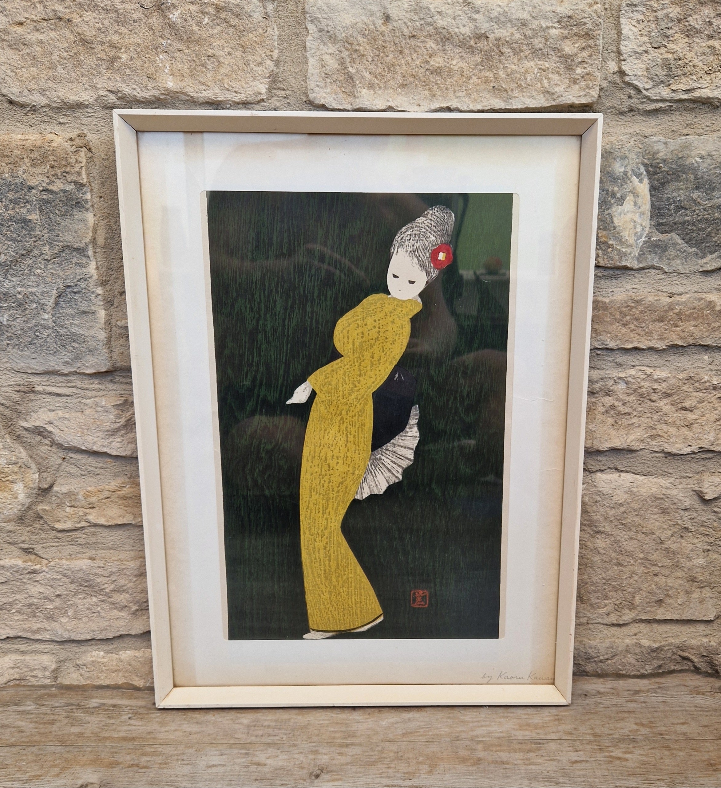 Vintage Kaoru Kawano Large Japanese Woodblock Print Camellia Yellow Kimono Mid-Century Framed