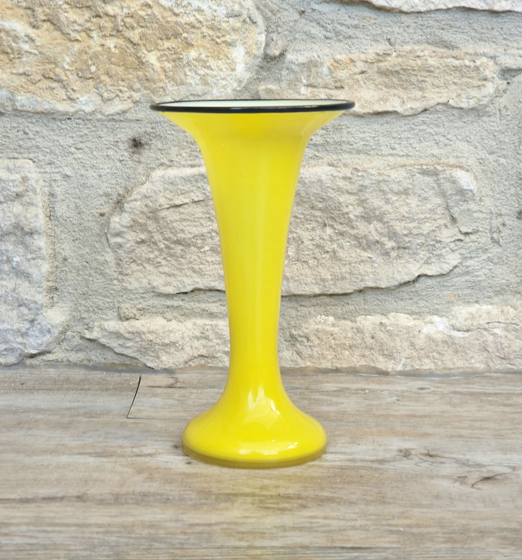 Vintage Bright Yellow Tango Glass Trumpet Vase with Black Rim 16cm