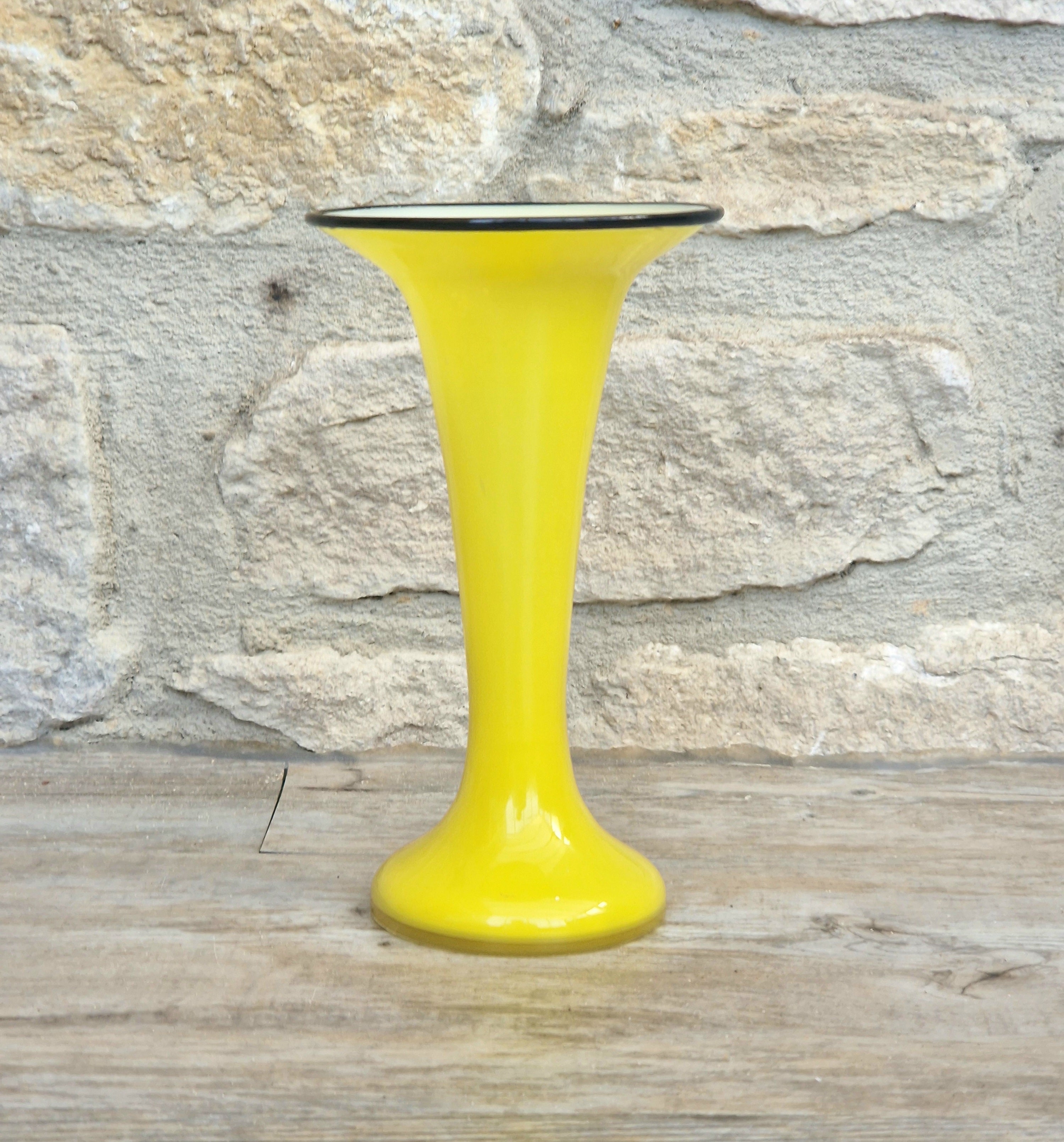 Vintage Bright Yellow Tango Glass Trumpet Vase with Black Rim 16cm