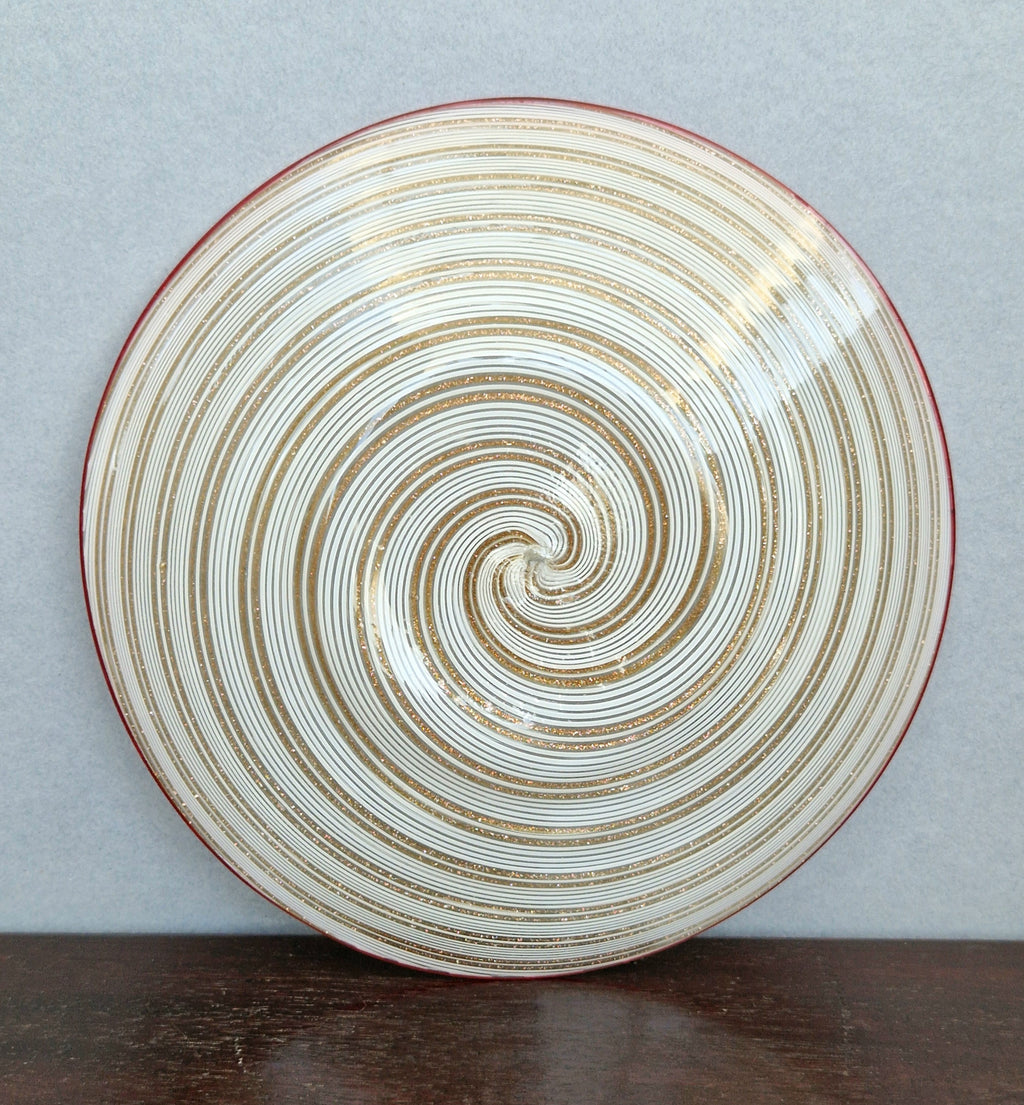 Antique Salviati Murano Glass Plate, Mezza Filigrana, Copper Aventurine, Red Rim, Venetian, c.1860–1872, 17.8cm, Rare Collectable