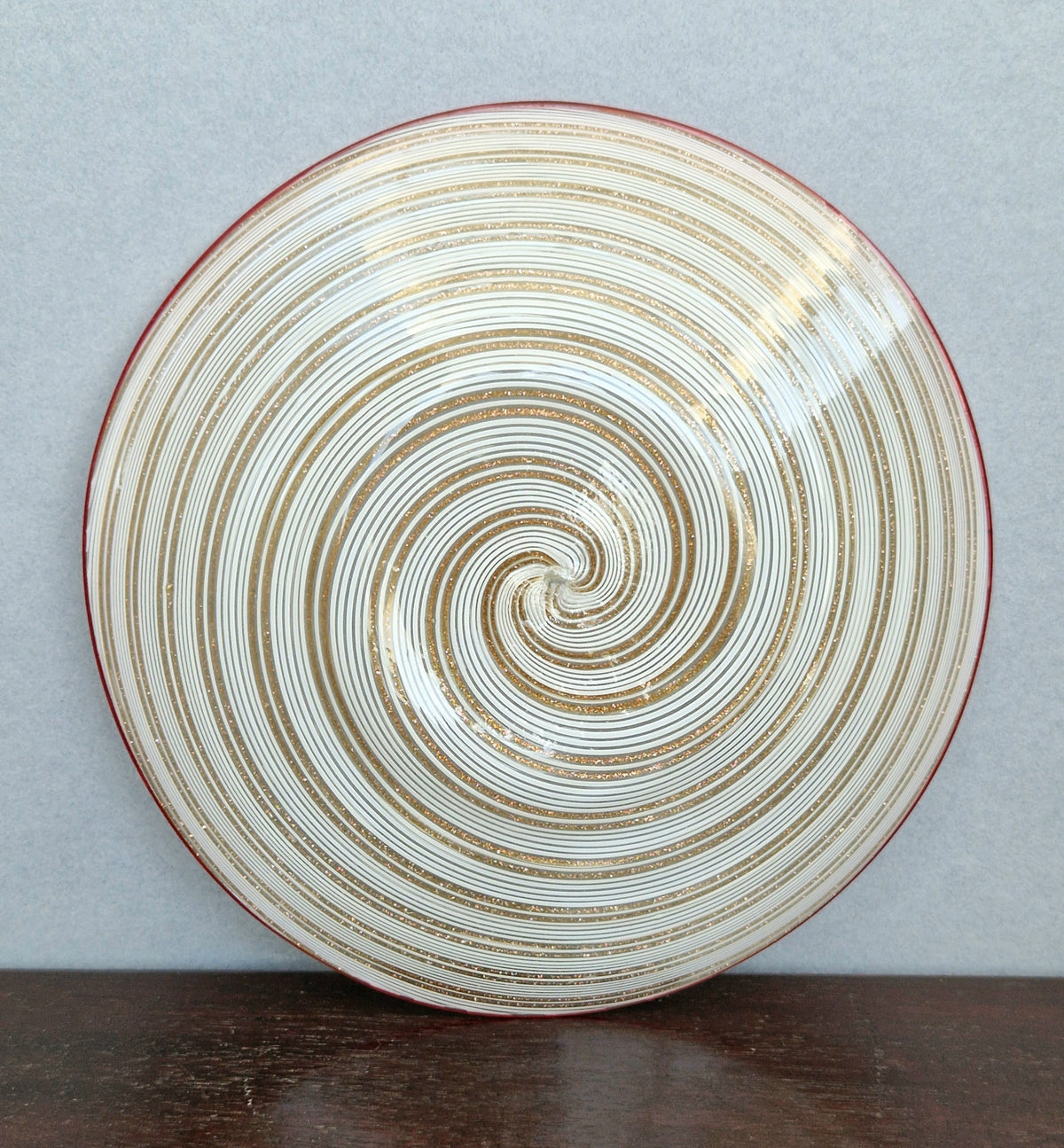 Antique Salviati Murano Glass Plate, Mezza Filigrana, Copper Aventurine, Red Rim, Venetian, c.1860–1872, 17.8cm, Rare Collectable