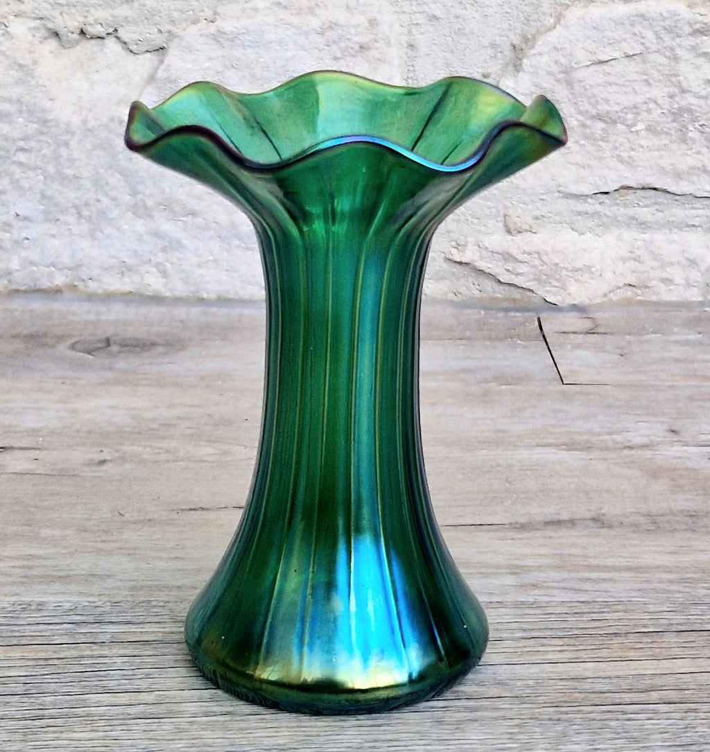 Antique Loetz Art Nouveau Creta Glatt Iridescent Green Glass Fluted Vase Polished Pontil c1900