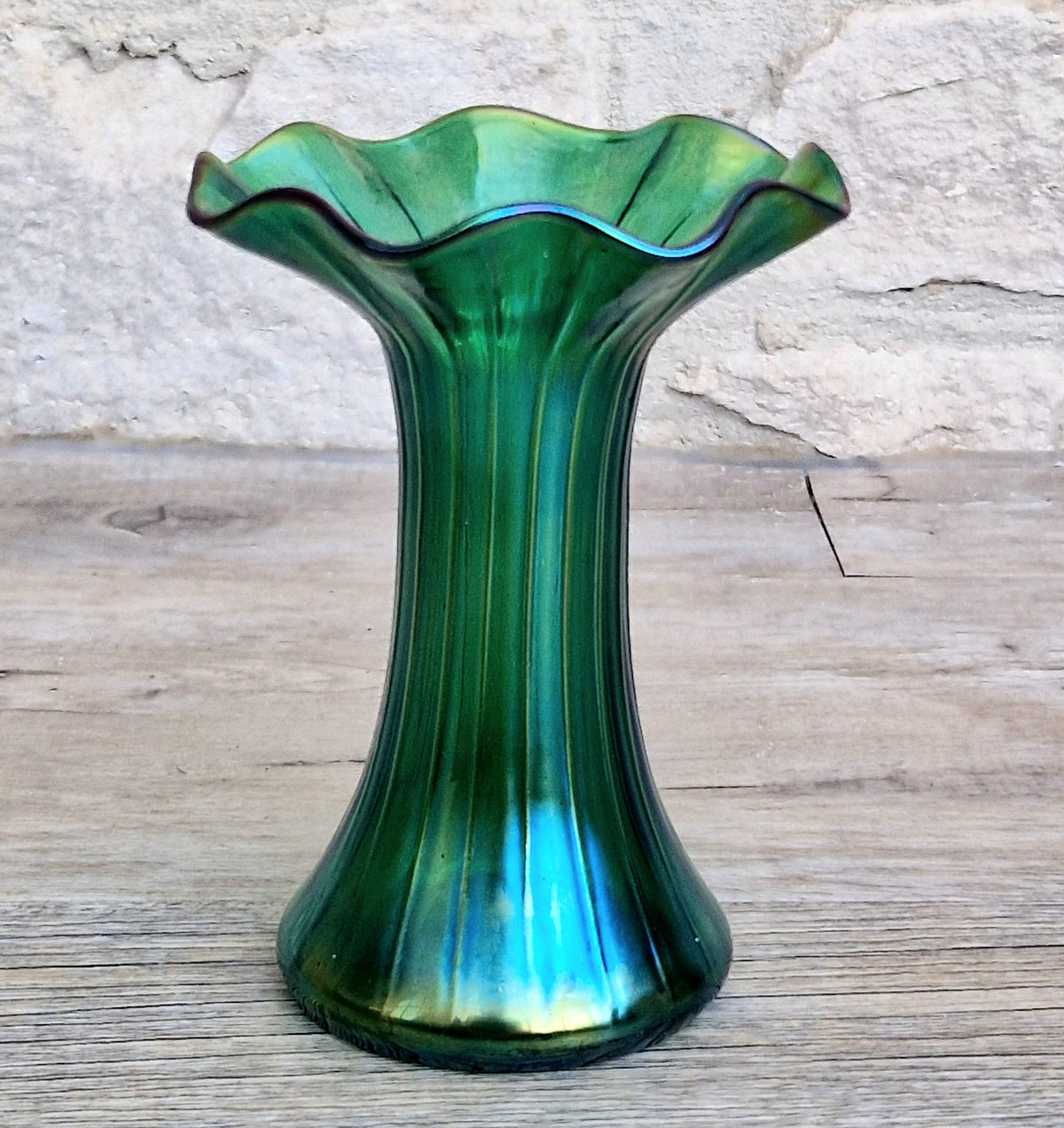 Antique Loetz Art Nouveau Creta Glatt Iridescent Green Glass Fluted Vase Polished Pontil c1900