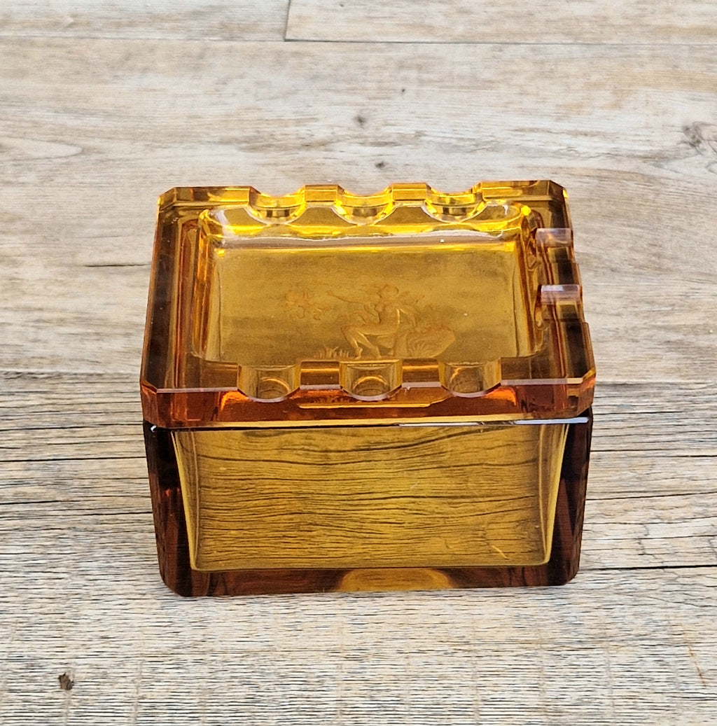1930s Hienrich Hoffman Amber Intaglio Glass Cupid & Goddess Crenulated Lidded Trinket Box