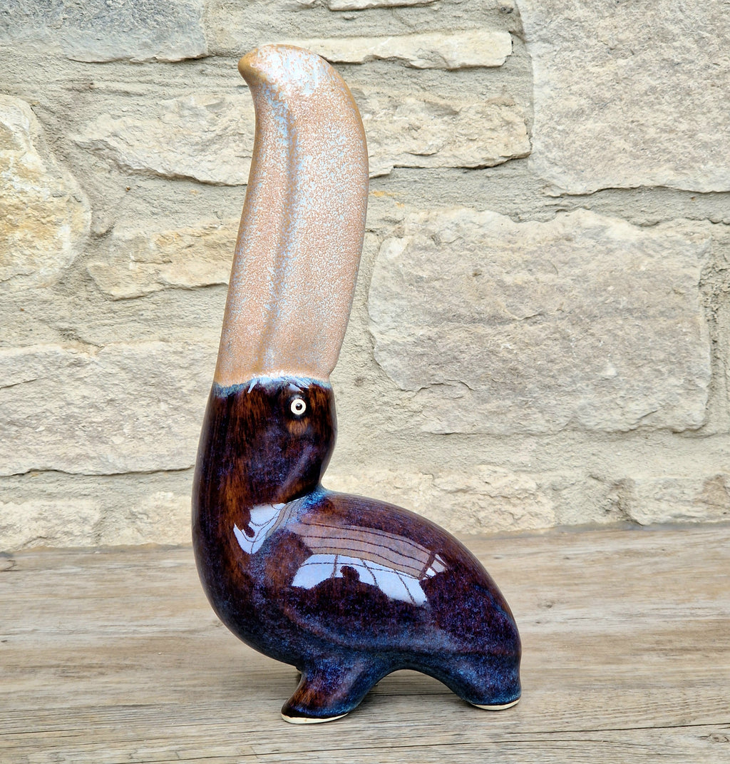 Rare 27cm Vintage Mid Century Ceramic Toucan Sculpture Mottled Treacle Blue Purple Art Pottery Bird