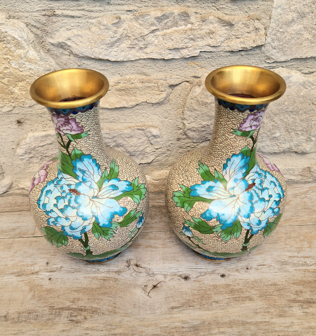 Pair Of Large Cloisonne Mirror Matched Peony Vases Mid 20th Century Exemplary Condition 23cm