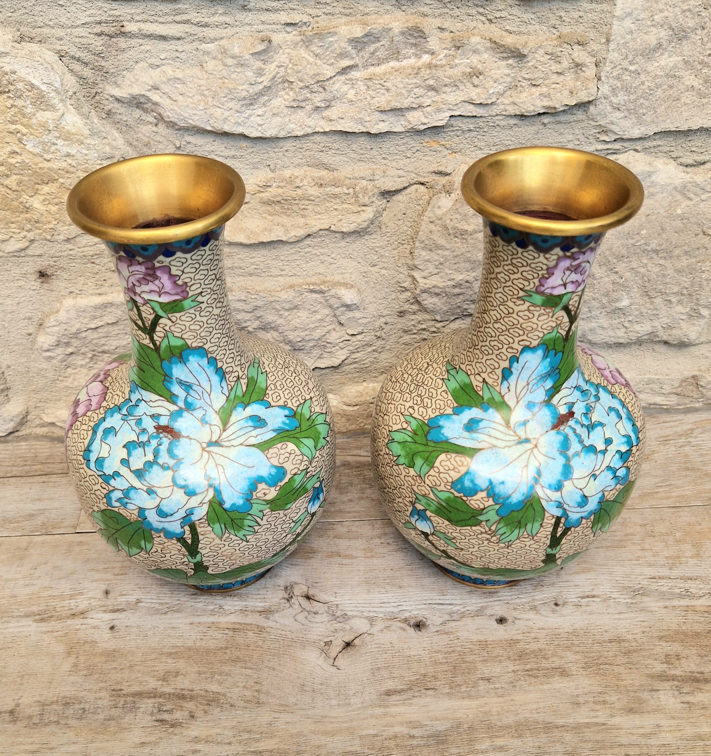 Pair Of Large Cloisonne Mirror Matched Peony Vases Mid 20th Century Exemplary Condition 23cm