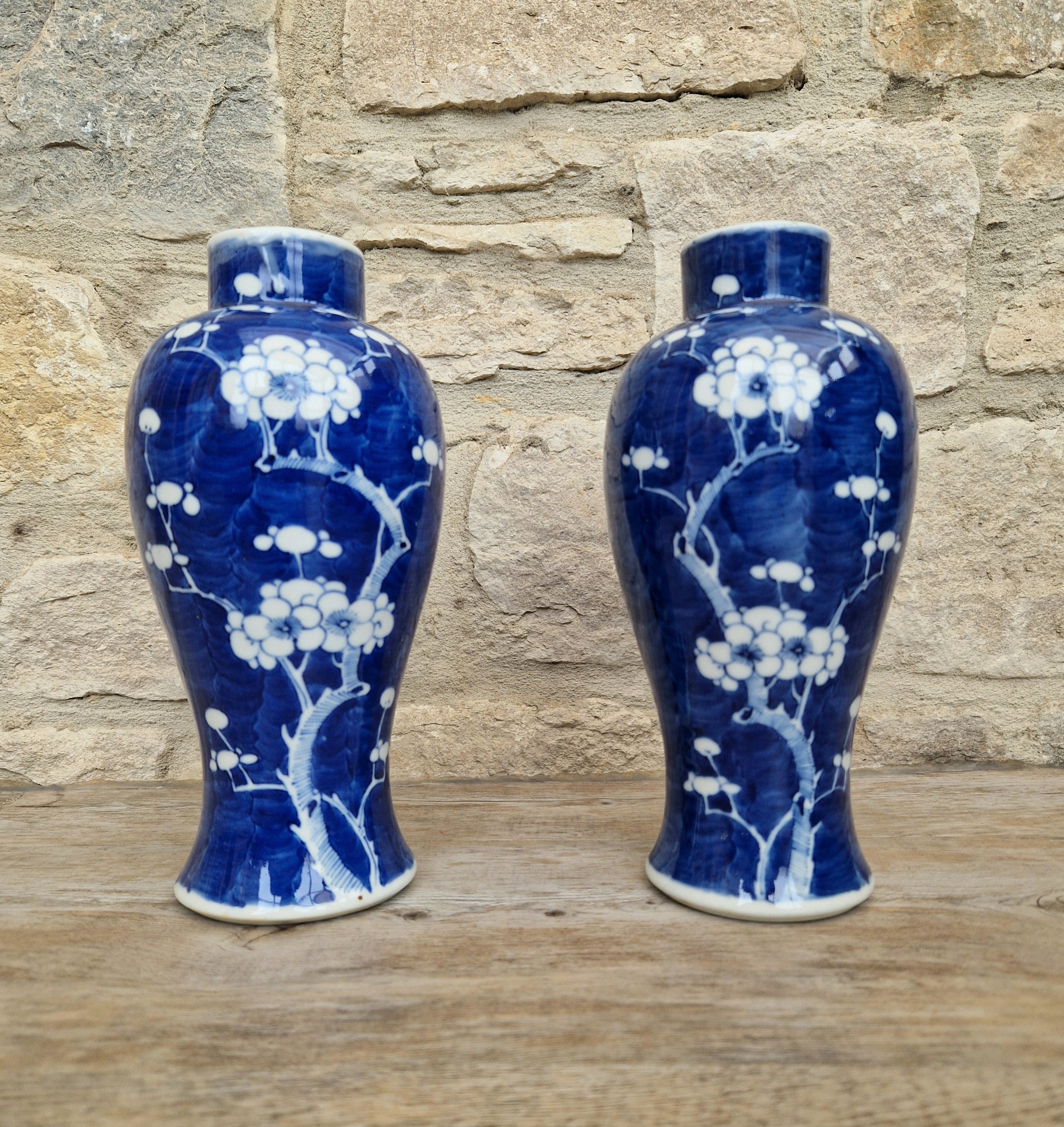 Pair Kangxi Style Blue & White Prunus Baluster Garniture Vases
