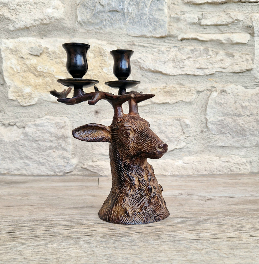 Vintage Heavy Patinated Bronze Stag Head Bust Double Candle Holder Table Decor