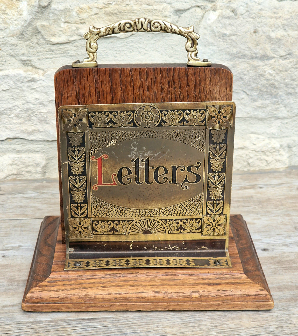 Antique Arts & Crafts Brass And Quarter Sawn Oak Gentleman's Handled Double Letter Rack Stand