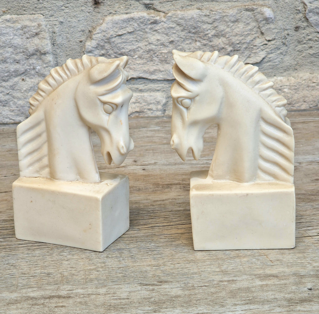 Vintage Continental White Stallion Horse Head Resin Book Ends Ornaments
