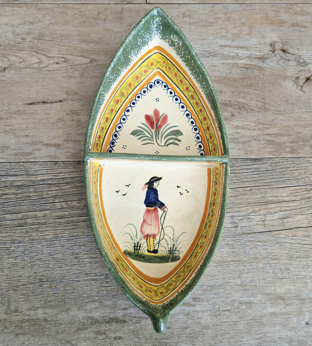 Vintage Henriot Quimper Faience Ceramic Boat Shape Divided Serving Dish