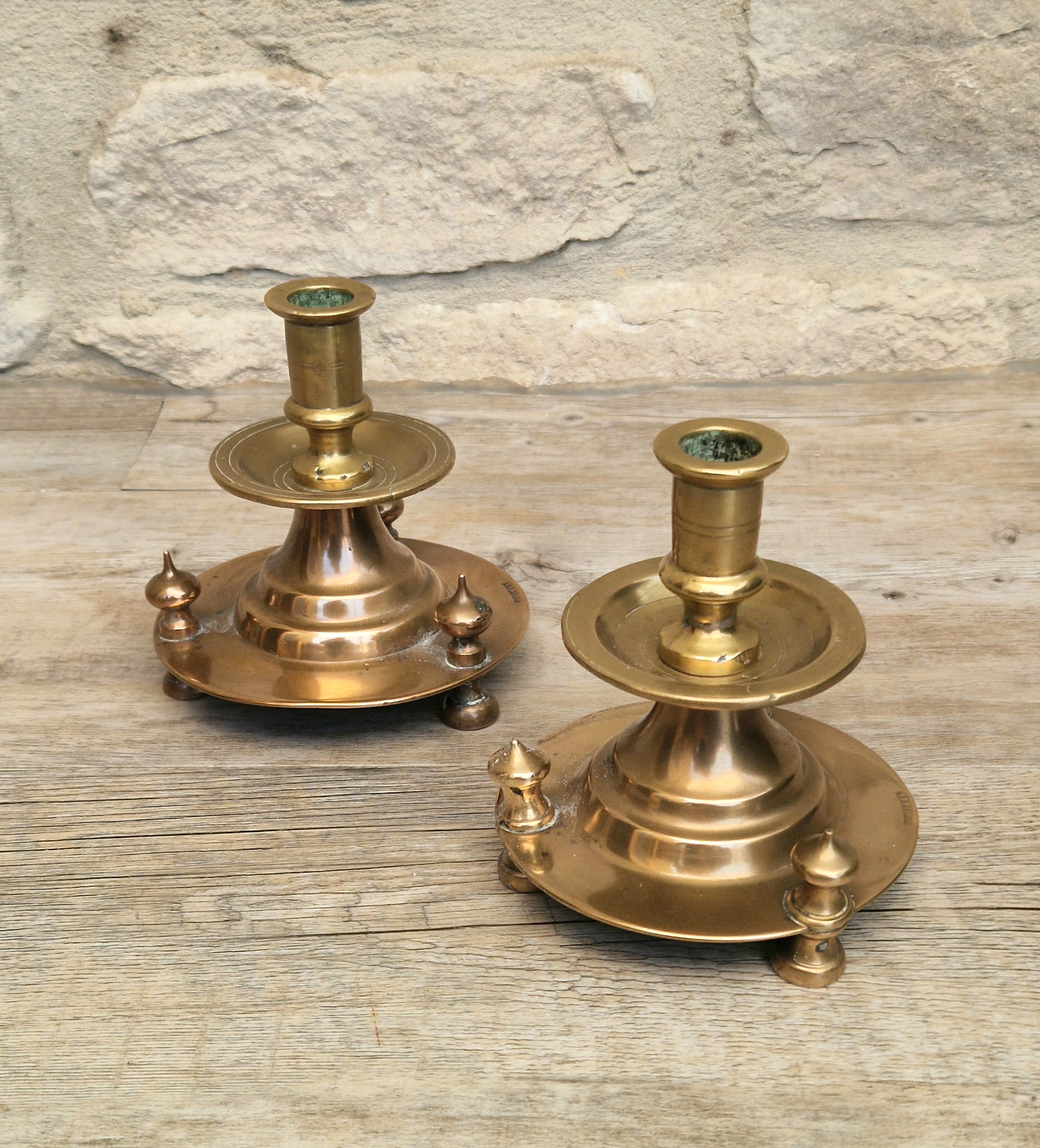 Pair of 19th Century Judin Signed Czarist Era Russian Bronzed Sabbath Bun Footed Capstan Candle Holders.