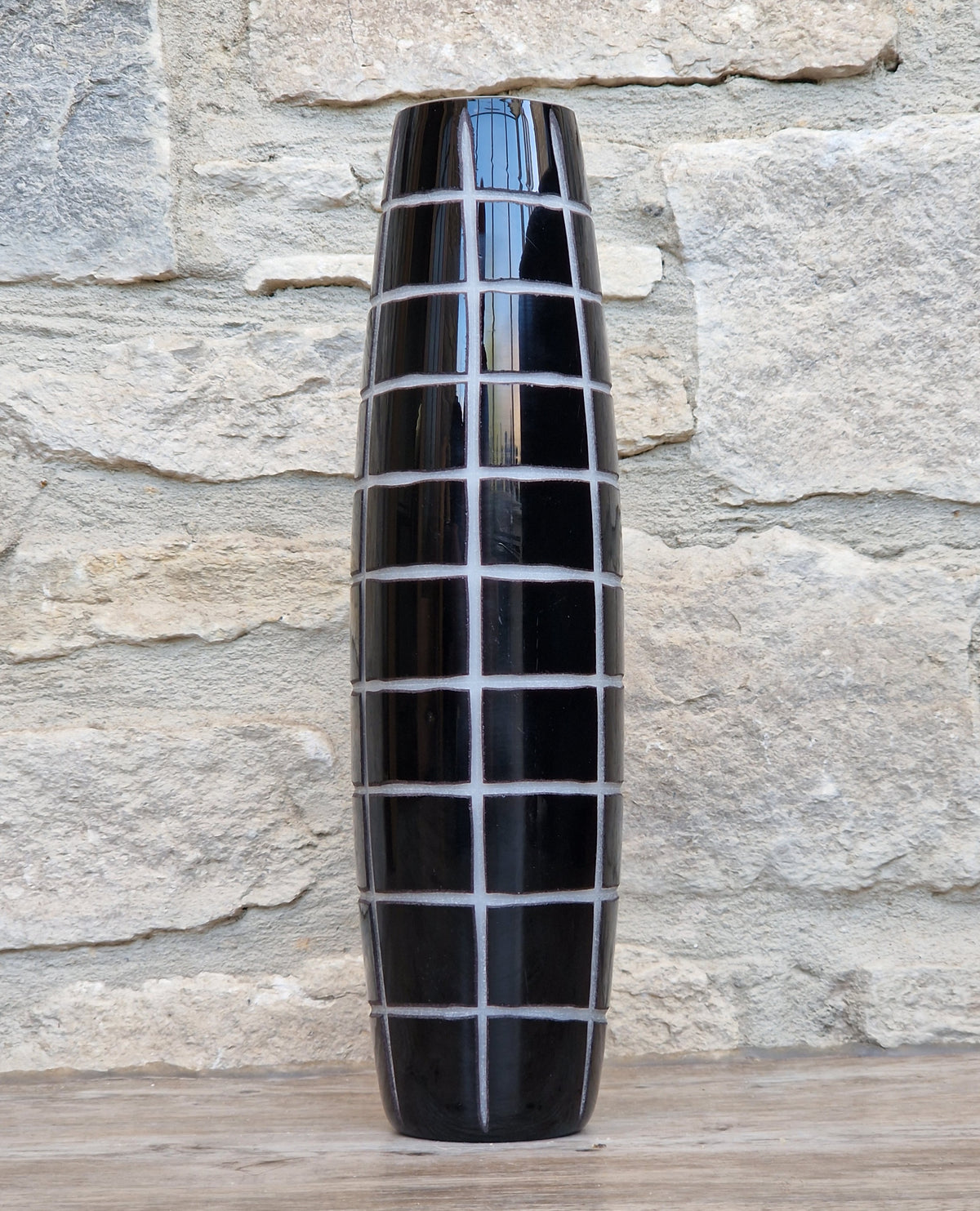 Mid-Century Modern Black & White Cased Cameo Art Glass Tall Geometric Grid Vase