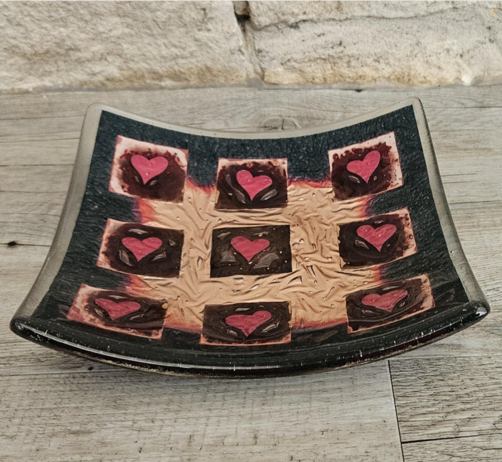 Art Glass Large Love Heart Fused Glass Curved Square Centrepiece 19cm Square