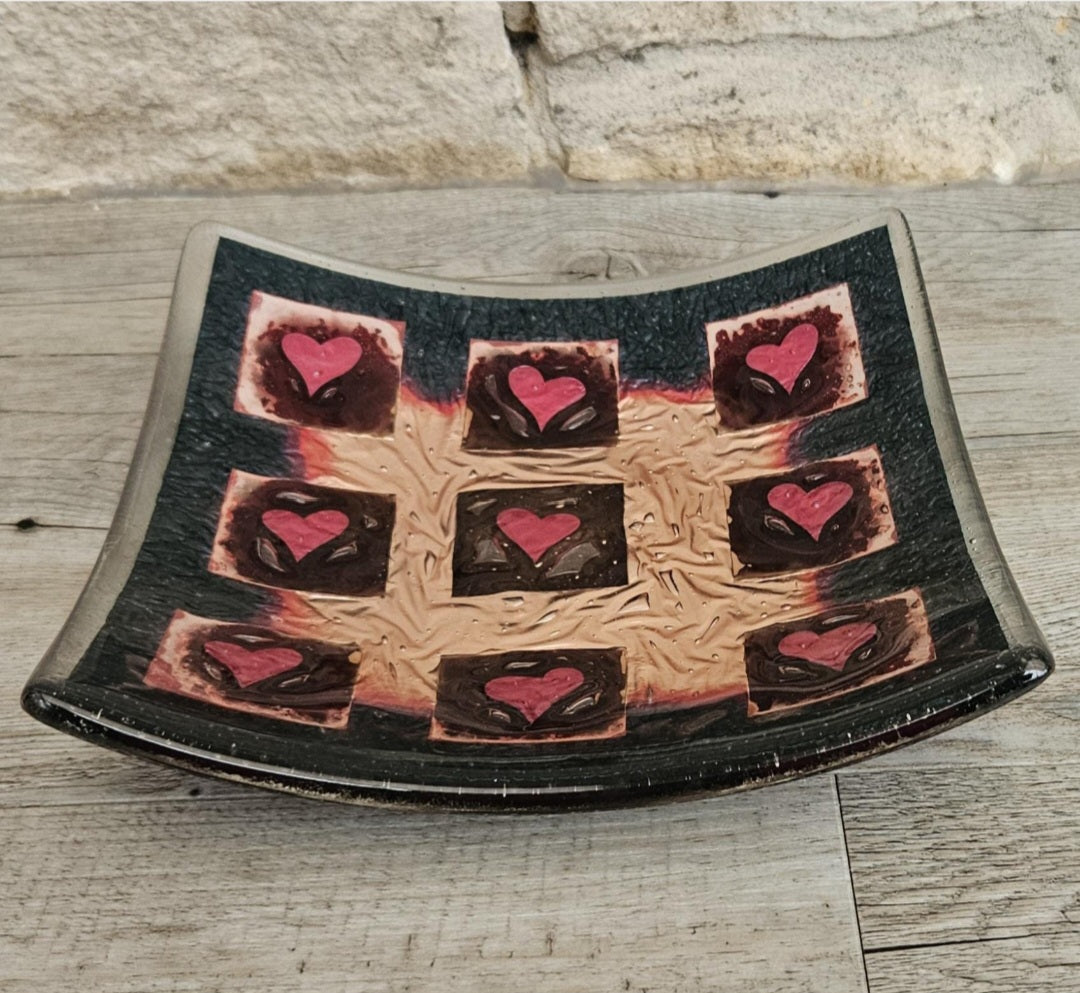 Art Glass Large Love Heart Fused Glass Curved Square Centrepiece 19cm Square