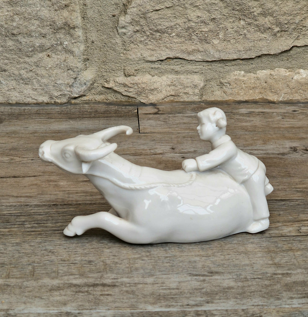 Vintage Chinese Blanc De Chine Porcelain Figurine Girl Riding Water Buffalo Ox Ceramic Home Ornament