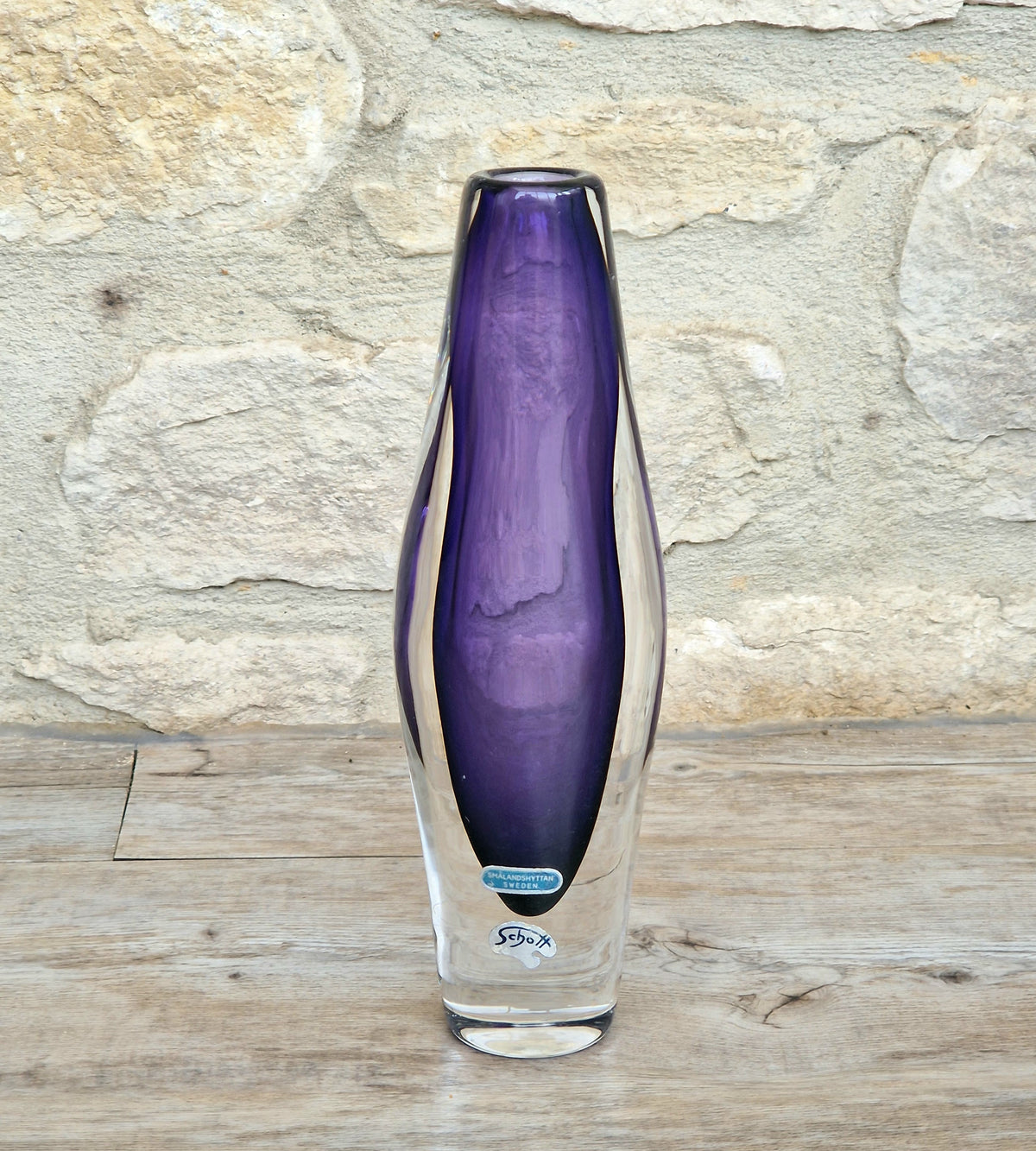 Vintage Smålandshyttan Sweden Amethyst Glass Vase Josef Schott Double Label Mid Century 20cm