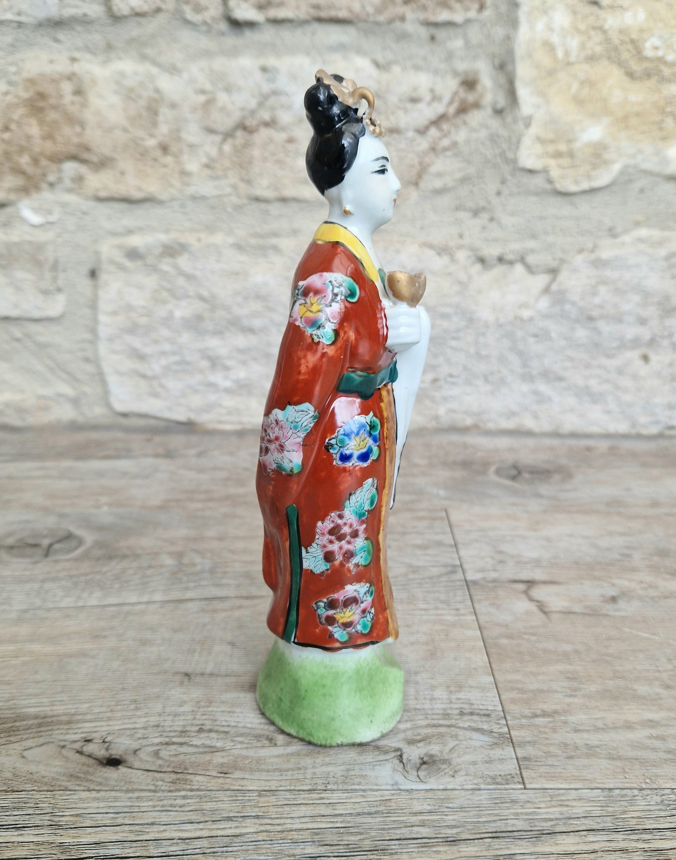 Antique Chinese Qing Hand-Painted Porcelain Figurine Statue Ho Hsien-Ku Daoist Immortal Maiden