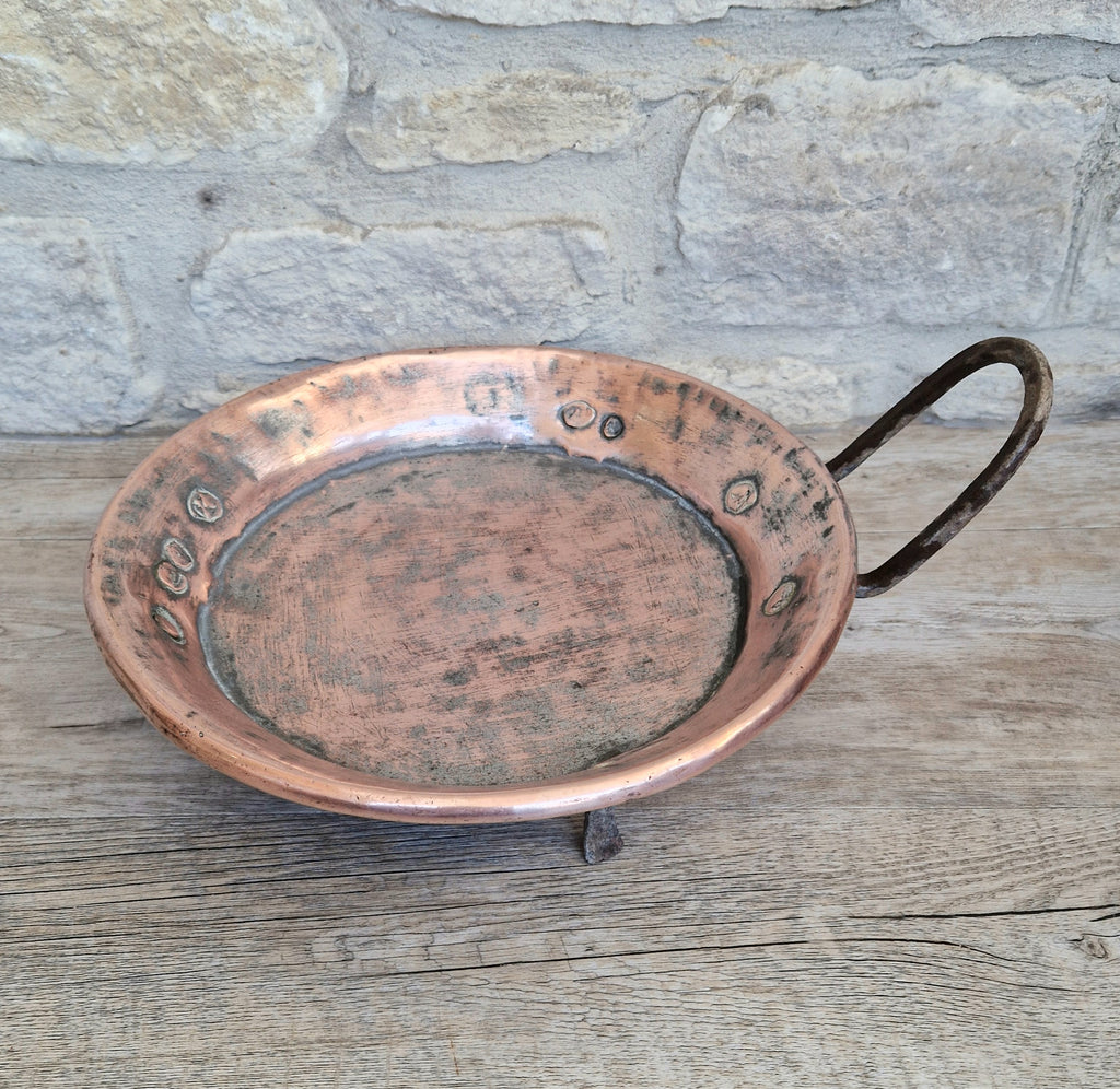 18th - 19th Century Copper & Iron Handle French Tripod Footed Tart Pan Rare Antique Kitchenalia