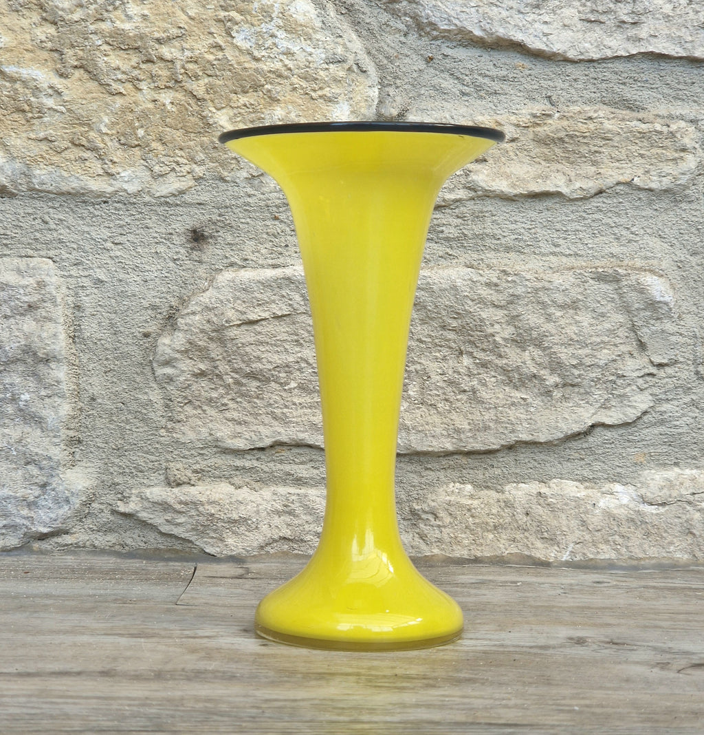 Vintage Bright Yellow Tango Glass Trumpet Vase with Black Rim 16cm